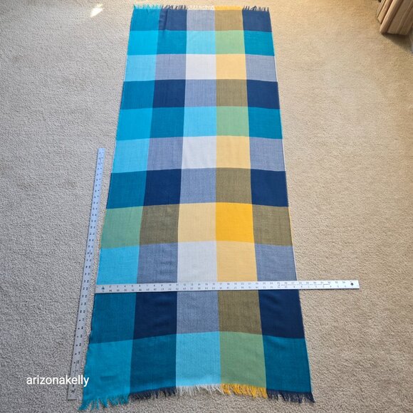 100% Wool Lightweight Checked Scarf Blue White Yellow Made in Scotland - Picture 4 of 12